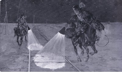 En un ferrocarril de Manchuria: Patrulla nocturna, ilustración de la Historia de la Guerra Ruso-Japonesa de Cassell Vol 1, c.1900 de George Soper