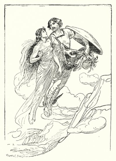 Perseo: "Perseo levantó a su bella Andrómeda en sus brazos y huyó con ella a la cima del acantilado" (litografía) de George Soper