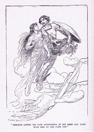 Perseo levantó a su bella Andrómeda en sus brazos y huyó con ella a las cimas de los acantilados, de Los Héroes publicado por George Allen y Unwin 1929 de George Soper