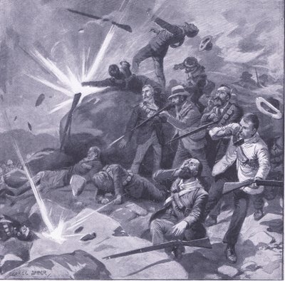 La última resistencia de la policía de Johannesburgo en Bergendal, ilustración de Después de Pretoria: La Guerra de Guerrillas, 1902 de George Soper