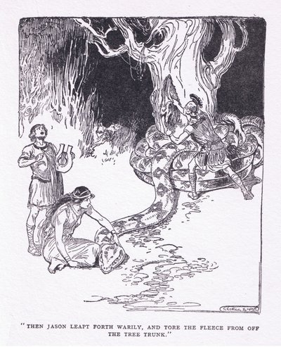 Entonces Jason saltó cansadamente y arrancó el vellocino del tronco del árbol, de Los Héroes publicado por George Allen and Unwin 1929 de George Soper