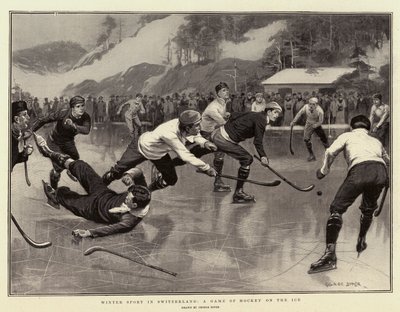 Deporte de invierno en Suiza, un juego de hockey sobre hielo de George Soper