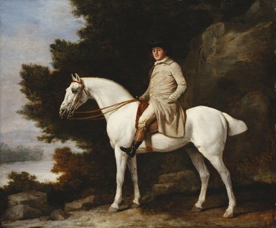 Un caballero en un caballo gris en un paisaje rocoso y boscoso, 1781 de George Stubbs