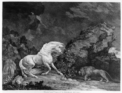 Un caballo asustado por un león, grabado por el artista, 1777 de George Stubbs