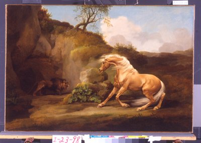 Un caballo asustado por un león, c.1790-5 de George Stubbs