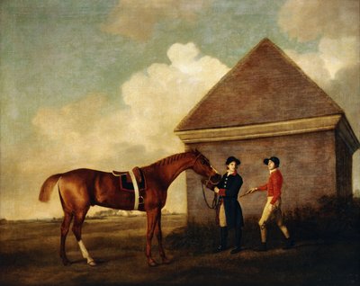 "Eclipse", un caballo de carreras castaño oscuro sostenido por un mozo de cuadra, con un jockey, posiblemente Jack Oakley, junto a la casa de frotamiento en Newmarket de George Stubbs