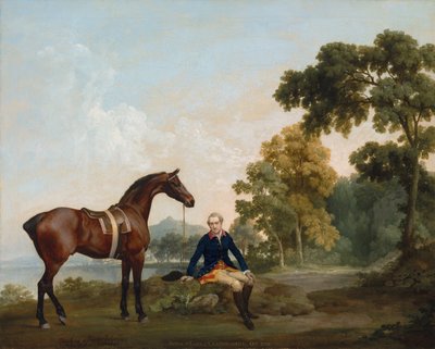 James Hamilton, 2º Conde de Clanbrassil (1730-1798), con su cazador bay Mowbray, descansando en un camino boscoso junto a un lago de George Stubbs