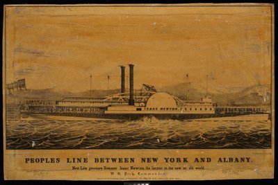 Peoples Line entre Nueva York y Albany. Nuevo vapor de baja presión Isaac Newton, el más grande del nuevo o viejo mundo (litografía) de George T. (after) Sanford