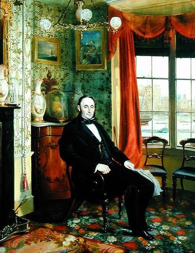 Retrato de Henry Thomas Lambert sentado en su estudio con una vista del Támesis al fondo de George Townsend Cole