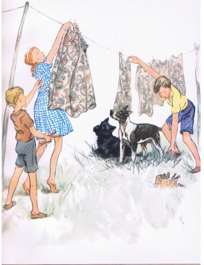 Colgar la colada en el tendedero-Nobby el Bull terrier y Ferdinand el Aberdeen, de Pets Limited publicado por Collins de George Vernon Stokes