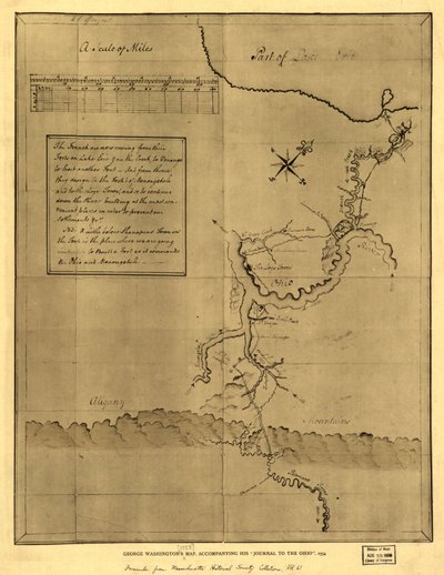 Mapa de George Washington, que acompaña su "diario al Ohio", 1754. LOC 99446116 de George Washington