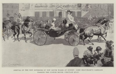 Llegada del nuevo gobernador de Nueva Gales del Sur a Sídney, el carruaje de Lord Beauchamp pasando por la Aduana, Circular Quay de George Washington Lambert