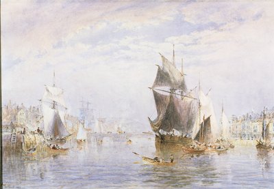 Pequeñas embarcaciones en el río en Whitby por el puente de Whitby, 1877 de George Weatherill