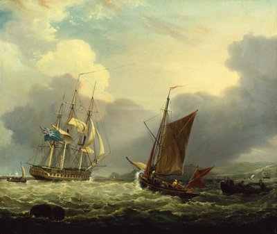 Una fragata de 36 cañones frente a la costa de Devon (óleo sobre lienzo) de George Webster