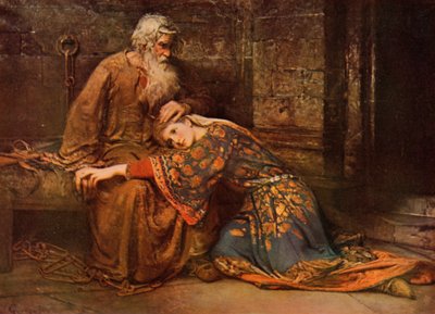 Shakespeare: Cordelia consolando al Rey Lear en prisión, Rey Lear, Acto V, Escena 3 (litografia en color) de George William (after) Joy