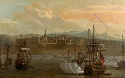 Una pintura del Fuerte de San Jorge en Madrás, India. En 1731. Fuerte militar y puerto con barcos. Cañón de barco siendo disparado. Humo. Batalla. de George and Scott Samuel (1710 72) Lambert