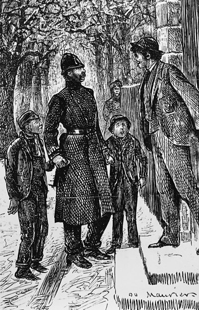 Un policía londinense presentando a dos niños de la calle al caballero frente a cuya puerta han estado deslizándose en el hielo de George du Maurier