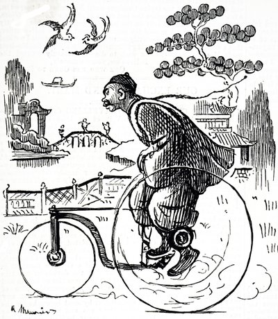 Caricatura de un hombre chino montando un triciclo en un parque en China de George du Maurier