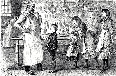 Un dibujo que muestra a un chef tomando órdenes de los niños de la casa de George du Maurier
