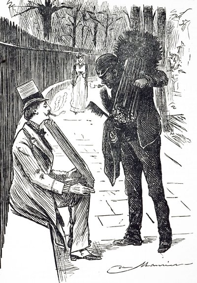 Una caricatura que representa a un deshollinador llevando sus cepillos por las calles de Londres. Ilustrado por George du Maurier (1834-1896) un caricaturista y autor franco-británico de George du Maurier