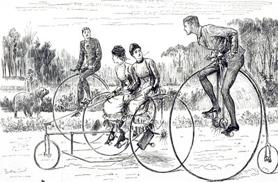Caricatura que representa a un grupo de jóvenes montando triciclos de George du Maurier