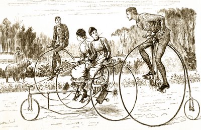 Caricatura de un grupo de jóvenes montando triciclos de George du Maurier