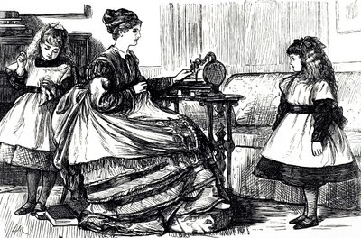 Una caricatura que representa a una joven madre usando una máquina de coser. Ilustrado por George du Maurier (1834-1896) un caricaturista y autor franco-británico de George du Maurier
