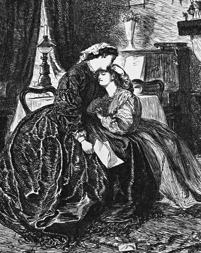 Una madre y una hija recibiendo noticias de la grave enfermedad del esposo/padre de George du Maurier