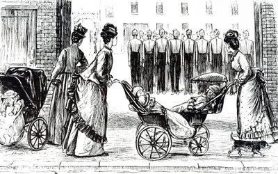 Un grabado que representa a niñeras empujando niños en cochecitos. Ilustrado por George du Maurier (1834-1896) un caricaturista y autor franco-británico de George du Maurier