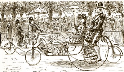 Un grabado que representa a pasajeros viajando en carruajes de bicicleta. Ilustrado por George du Maurier (1834-1896) un caricaturista y autor franco-británico de George du Maurier