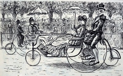Grabado que representa a pasajeros montando en carruajes de bicicleta de George du Maurier