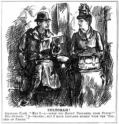 Beneficios de la educación universitaria para mujeres. Caricatura de George du Maurier para Punch, Londres, 8 de diciembre de 1887. Un joven en el vagón del tren ofrece a una graduada de Girton, Cambridge, algo de lectura ligera para el viaje. Ella declina de George du Maurier