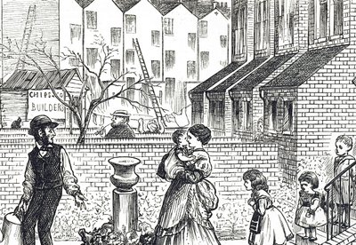 Caricatura comentando sobre la rápida expansión urbana y la construcción apresurada de George du Maurier