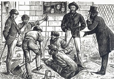 Dibujo comentando sobre la rápida expansión urbana y la construcción apresurada de George du Maurier