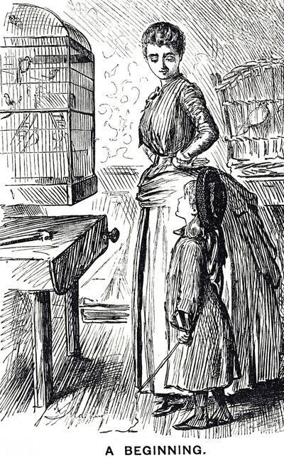 Dibujo comentando sobre la popularidad de los pájaros enjaulados en Gran Bretaña de George du Maurier