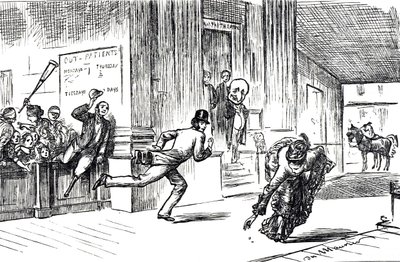 Caricatura que representa al Doctor Meilanion Jones, encontrándose superado en la carrera por pacientes por la doctora Atlanta Robinson de George du Maurier