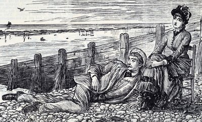 Caricatura que representa a una pareja disfrutando de su luna de miel en una playa de guijarros de George du Maurier