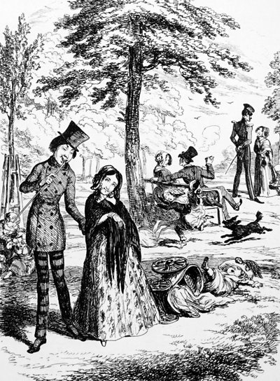 Caricatura que representa a una sirvienta doméstica caminando con su amante por George du Maurier (1834-1896) un caricaturista y autor franco-británico de George du Maurier