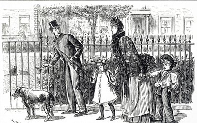 Caricatura que representa a una familia caminando por las calles del Londres victoriano de George du Maurier