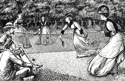 Dibujo que muestra un juego de tenis en césped de George du Maurier
