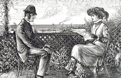 Caricatura que muestra a un esposo y una esposa - el esposo es responsable de las deudas de su esposa a menos que publique una revocación de sus responsabilidades de George du Maurier