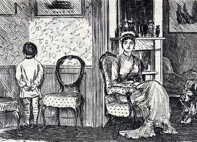 Dibujo que muestra a una madre castigando a su hijo haciéndolo pararse frente a la pared de George du Maurier