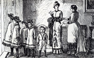 Caricatura que representa a una madre con su prole de George du Maurier