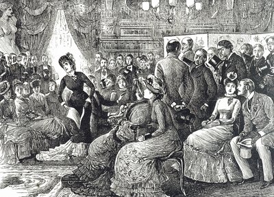 Caricatura que muestra un típico concierto en una sala de estar de George du Maurier