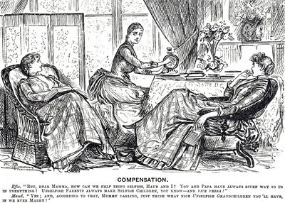 Caricatura de una mujer usando una máquina de coser manual de George du Maurier
