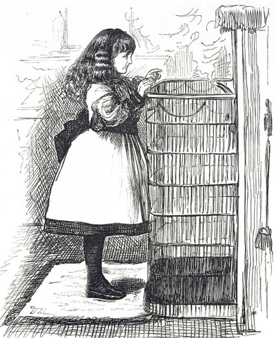 Dibujo que muestra a una niña pequeña de pie frente a una gran pantalla de fuego de George du Maurier