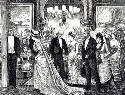 Caricatura que muestra una elegante velada en una casa victoriana de George du Maurier