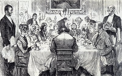 Dibujo que muestra una elegante velada en una casa victoriana de George du Maurier
