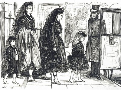 Caricatura que muestra a personas usando calzado natural para evitar pies deformes de George du Maurier