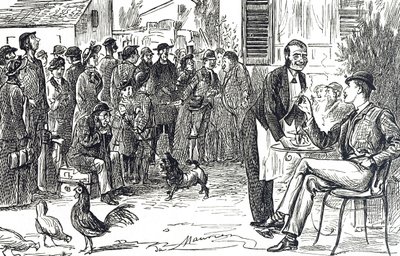 Caricatura que representa los primeros días del tour guiado de Thomas Cook de George du Maurier